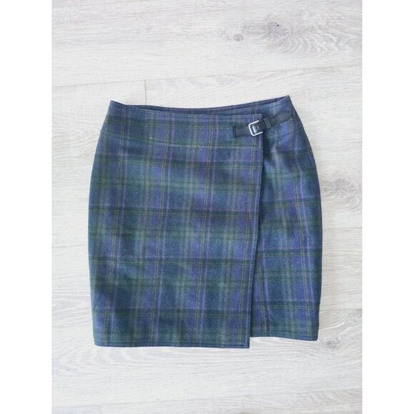 Lauren Ralph Lauren Wool Buckle Emerald Green Plaid Knee Short Wrap Skirt 8 M - Picture 1 of 5